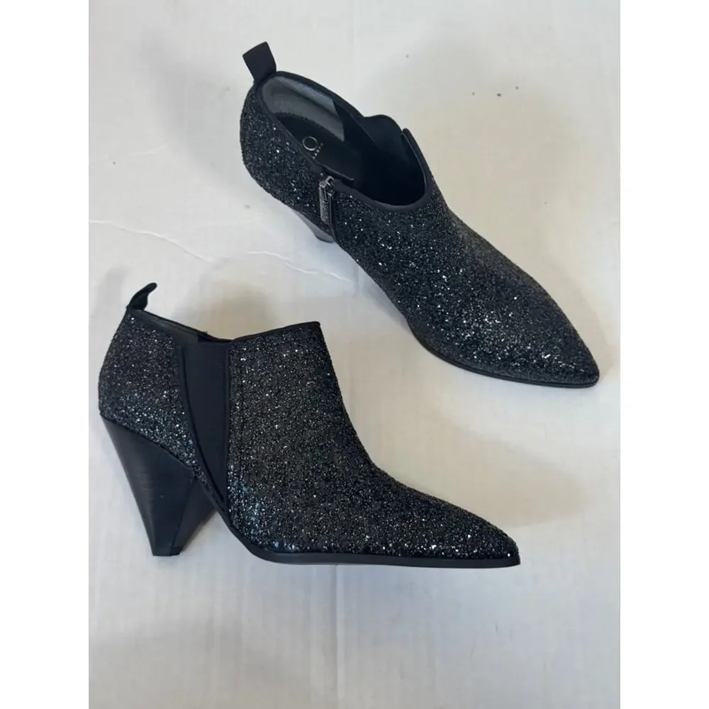 Franco Sarto Black Glitter Ankle Boots Booties Womens 9 Boho Western Glitz Glam